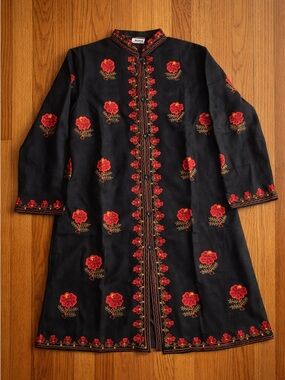 Source Unknown Black Jacket with Red Floral Embroidery